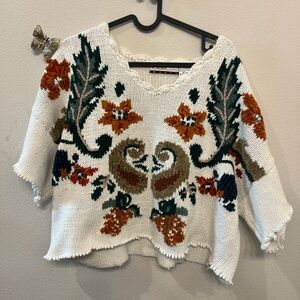 Boho Floral V-Neck Sweater - White and Orange
